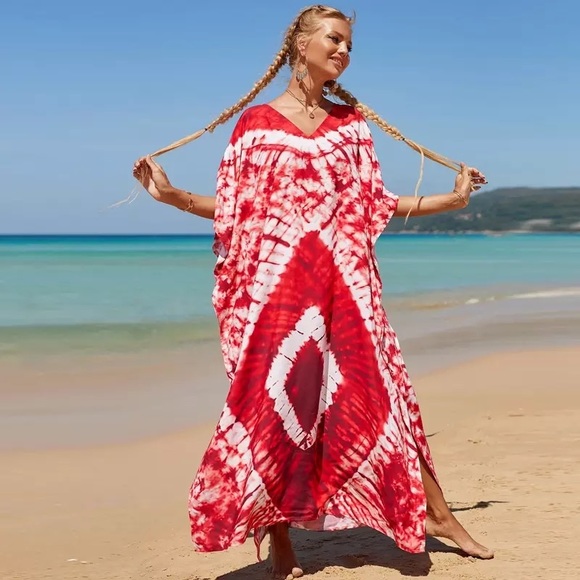 Boho Red Summer Tie Dye V-neck Batwing Sleeve Kaftan Maxi Dress, Beach Cover Up - Picture 6 of 9